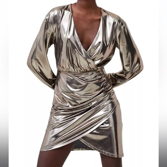 FRENCH CONNECTION Ronja Liquid Metallic Dress Silver Women’s Sz 2 - Picture 1 of 9